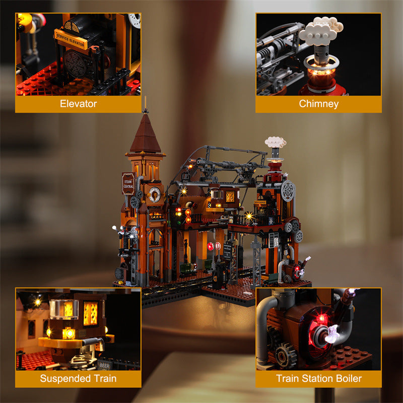 Steampunk Train Station Building Blocks Light Puzzle Model Toys