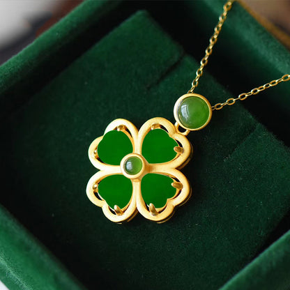 Gold Hetian Jade Inlaid Four Leaf Clover Pendant