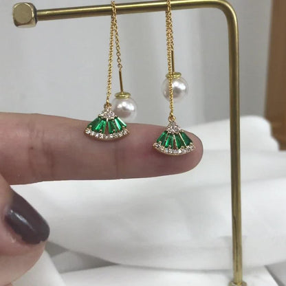 Women's Emerald Fan-Shaped White Stone Pearl Long Earrings-3