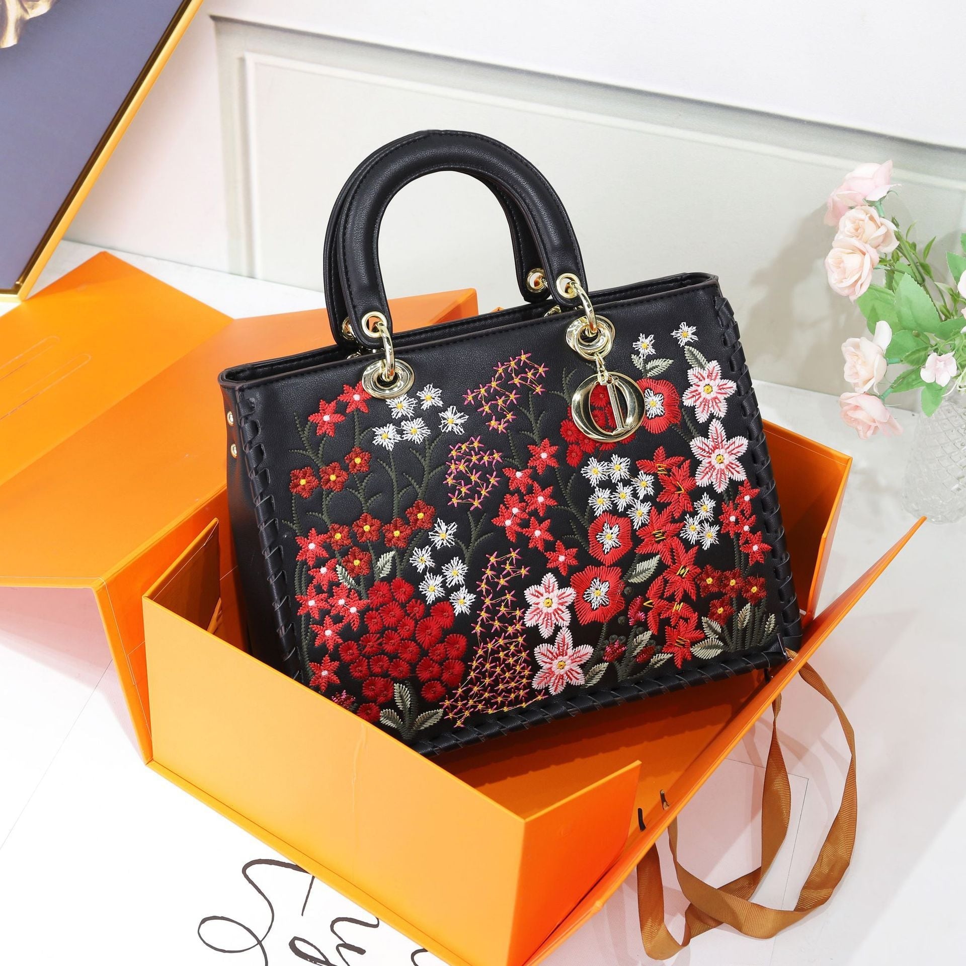 Premium Sense Leather Embroidery Handbag Crossbody Bag-6