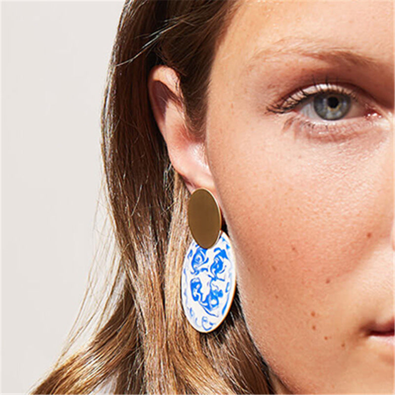 Chinese Style Elements Large Blue and White Porcelain Enamel Enamel Earrings