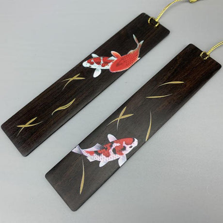 Chinese Style Painted Koi Tassel Sandalwood Rosewood Bookmark-1