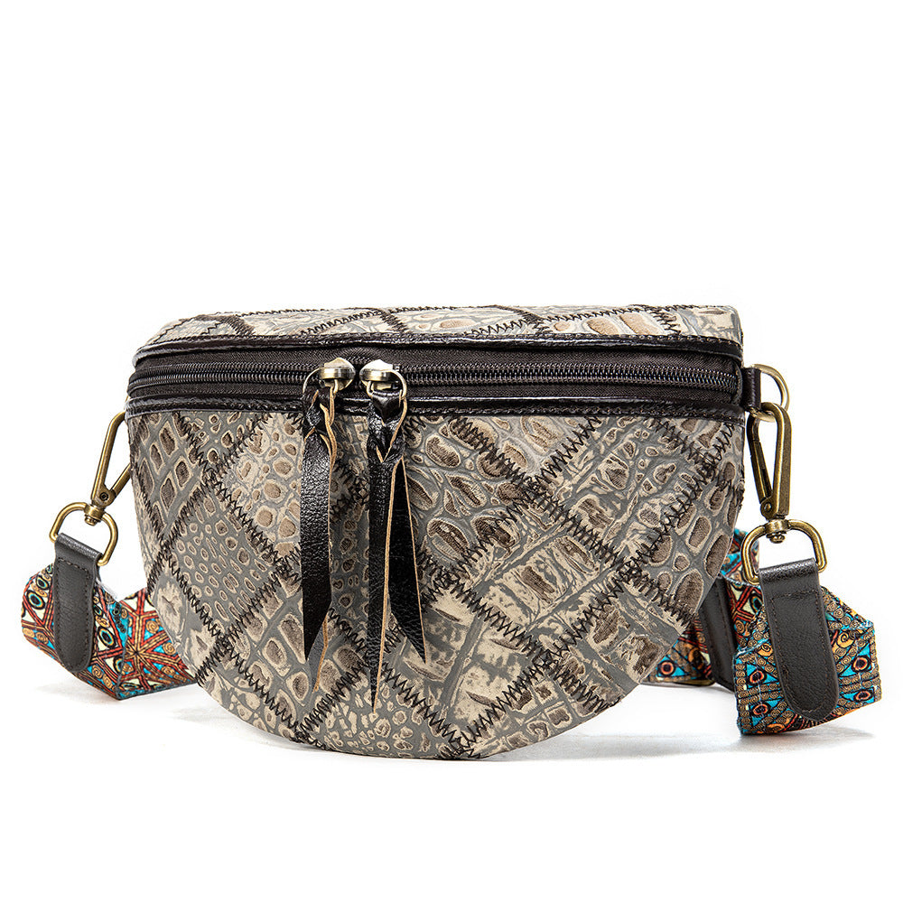 Leather ethnic stitching crossbody bag