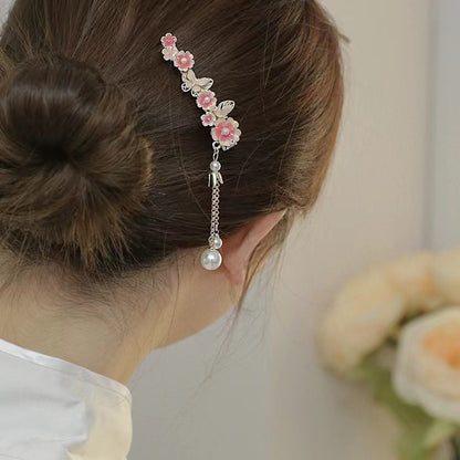 Super Fairy Cherry Blossom Pansy Pearl Tassel Hairpin Ancient Style Female Side Fringe Headdress Duckbill Clip