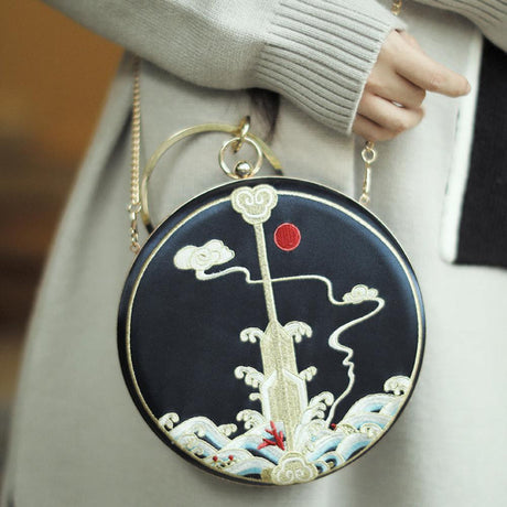 Ethnic Style Ruyi Boat Paddle 3D Embroidery Handbag Small Round Bag-2