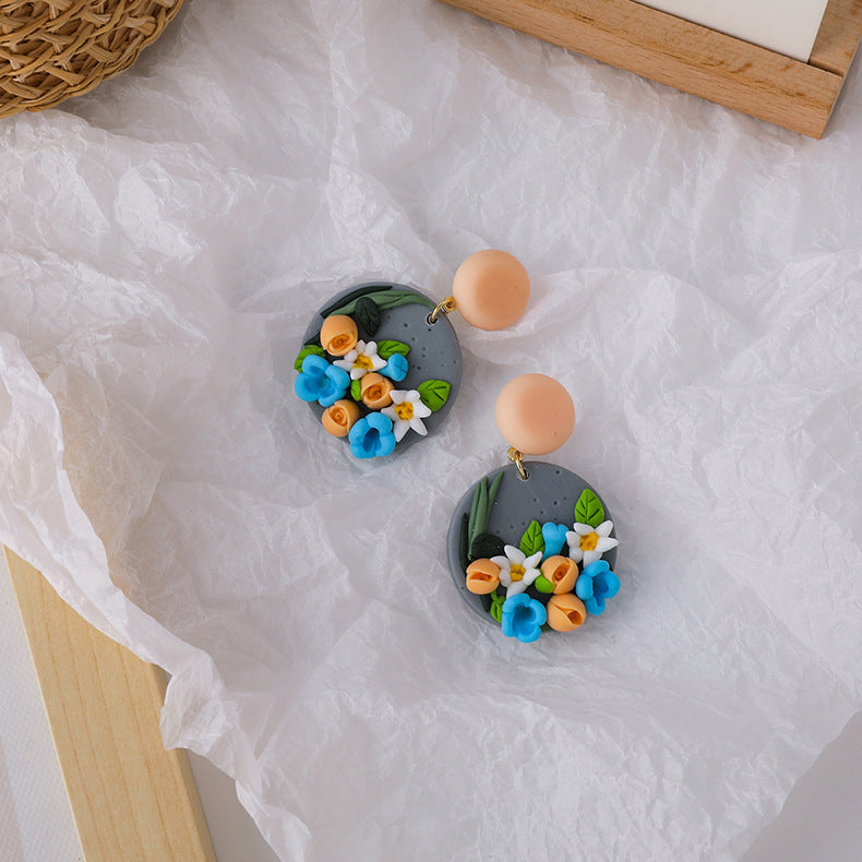 Color Flower Earrings Girlish Style Handmade Clay Soft Pottery Earrings