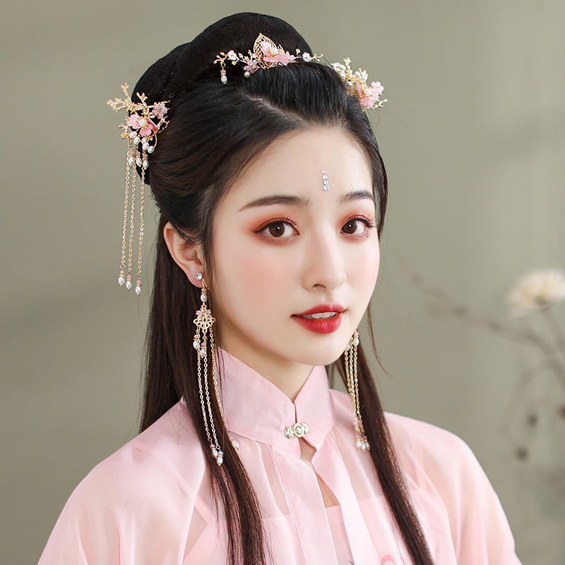 Simplified Hanfu Hair Accessories with Multiple Flower Hairpins Set-4