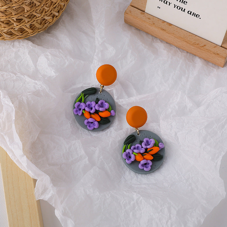 Color Flower Earrings Girlish Style Handmade Clay Soft Pottery Earrings