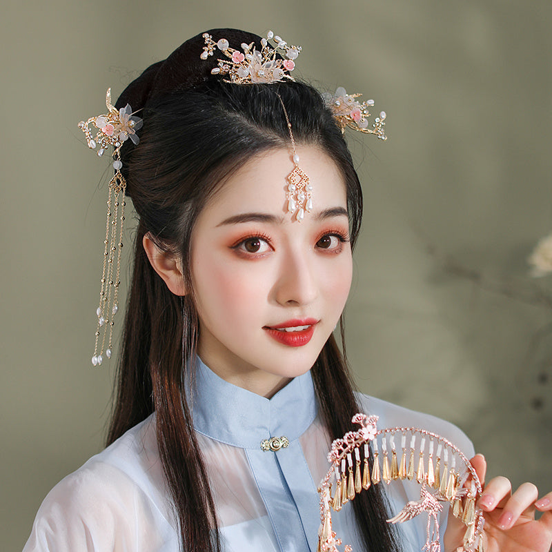 Simplified Hanfu Hair Accessories with Multiple Flower Hairpins Set-5