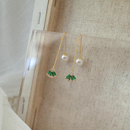 Women's Emerald Fan-Shaped White Stone Pearl Long Earrings-2