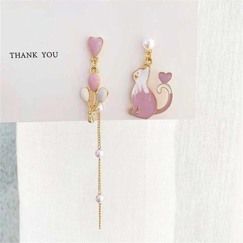 S925 Silver Needle Cute Cat Asymmetric Balloon Earrings Pearl Tassel Earrings