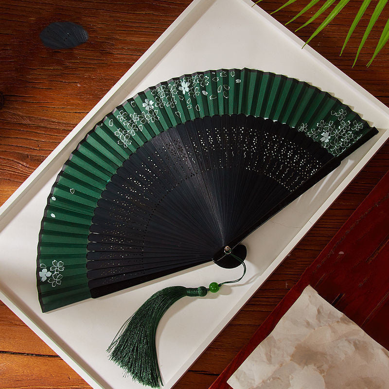 Ancient Style Dark Green Cherry Blossom Summer Portable Folding Fan-2