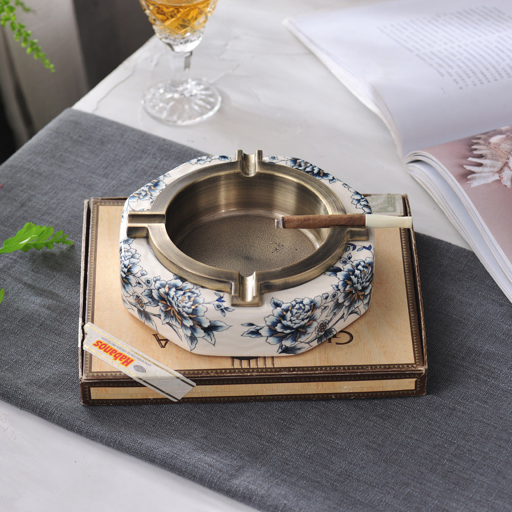 Creative New Chinese Ceramic Metal Blue And White Household Ashtray