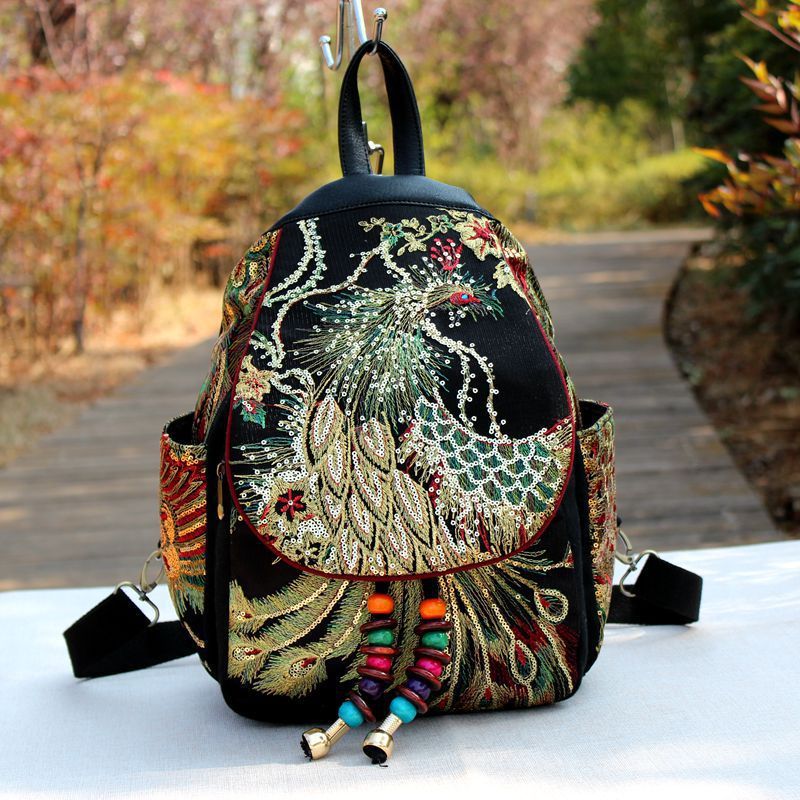 Ethnic Style Vintage Sequins Phoenix Peony Embroidery Backpacks-3