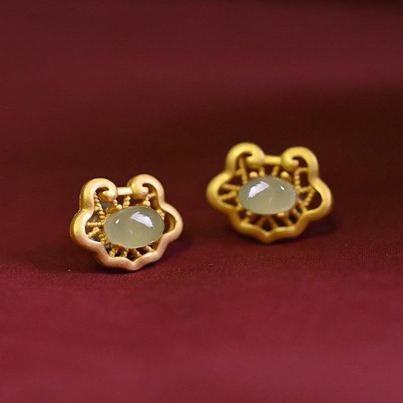 Sterling Silver Ruyi Lock Stud Earrings Hetian Jade Temperament Earrings