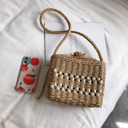 Fashion Messenger Bag Women Casual Western Style One-shoulder Pearl Straw Woven Bag