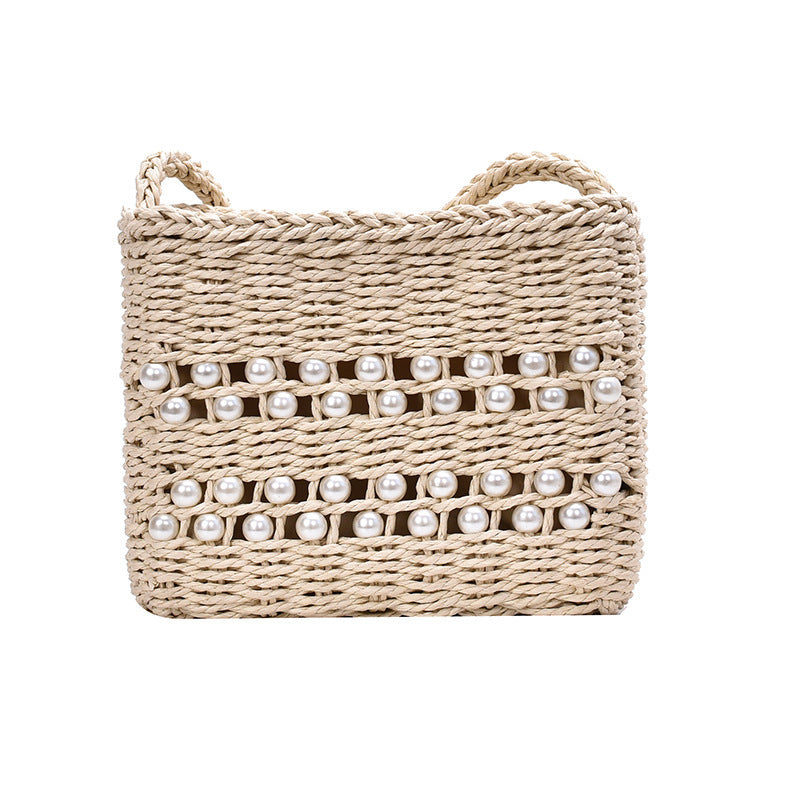 Fashion Messenger Bag Women Casual Western Style One-shoulder Pearl Straw Woven Bag