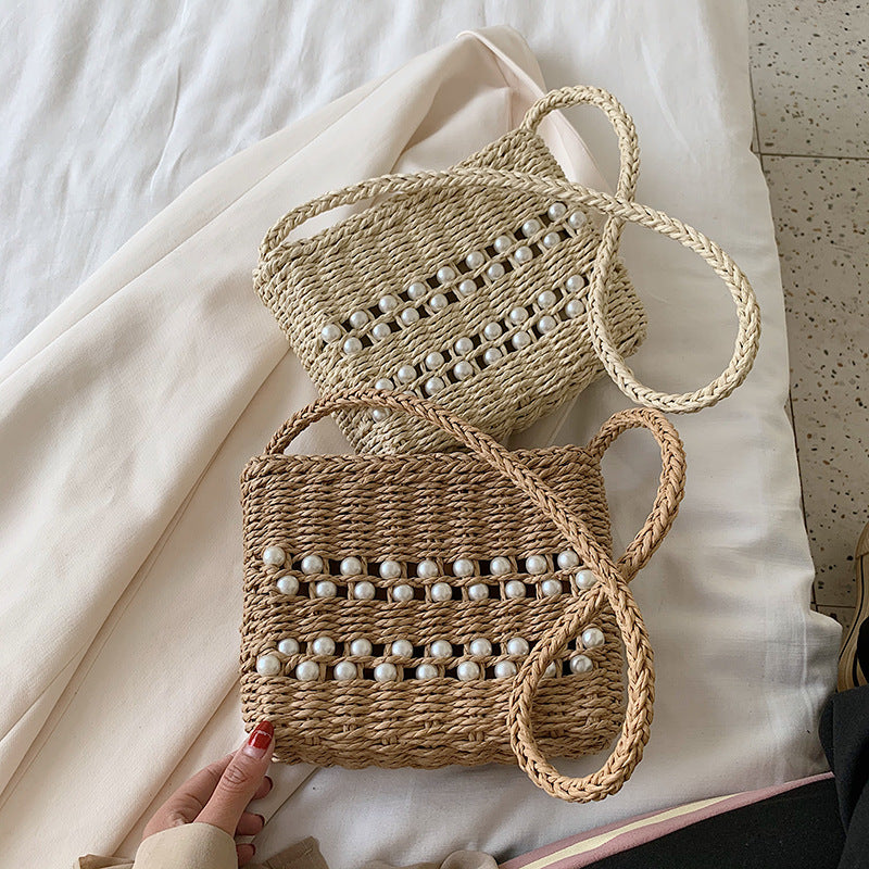 Fashion Messenger Bag Women Casual Western Style One-shoulder Pearl Straw Woven Bag