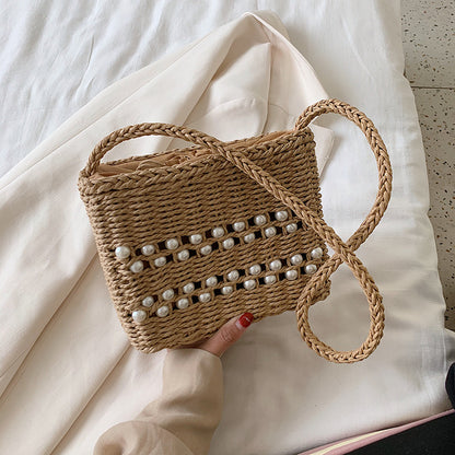 Fashion Messenger Bag Women Casual Western Style One-shoulder Pearl Straw Woven Bag