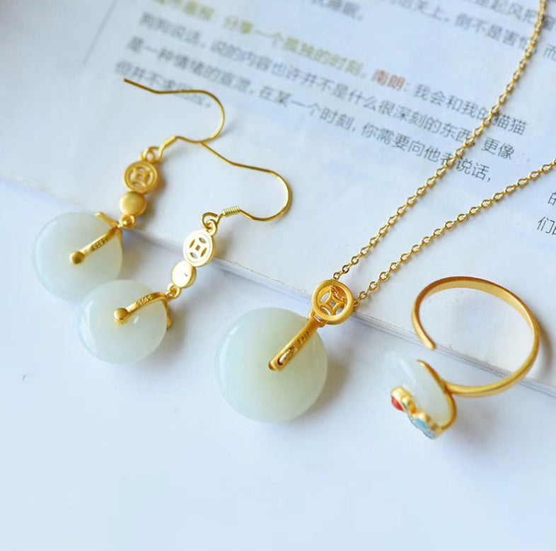 Hetian Jade Safe Buckle Earrings Pendant Ring Retro Set