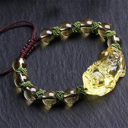 Pixiu Bracelet With Natural Citrine 8-10mm Round Bead Bracelet