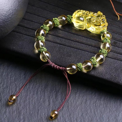 Pixiu Bracelet With Natural Citrine 8-10mm Round Bead Bracelet