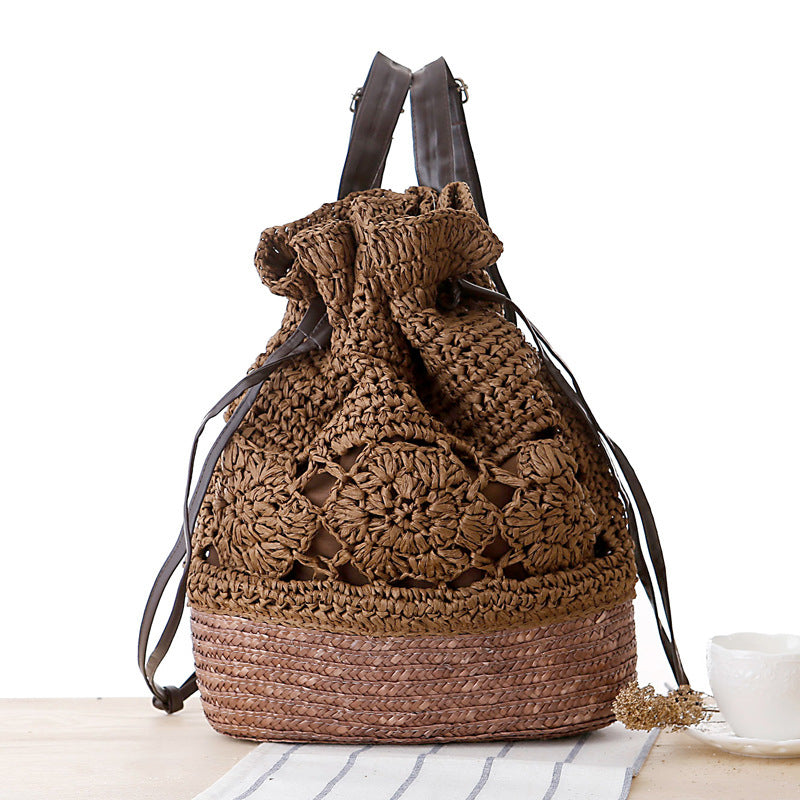 College Style Handmade Crocheted Backpack Straw Woven Bag Leisure Female Bag