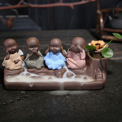 Tea Ceremony Four No Little Monks Ceramic Backflow Incense Burner-1