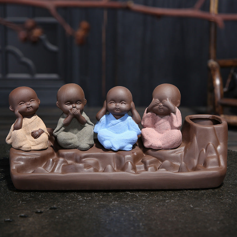 Tea Ceremony Four No Little Monks Ceramic Backflow Incense Burner-2