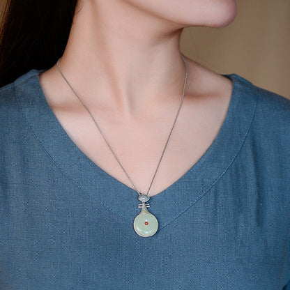 Female Retro Pipa Shape Natural Hetian Jade Necklace-4