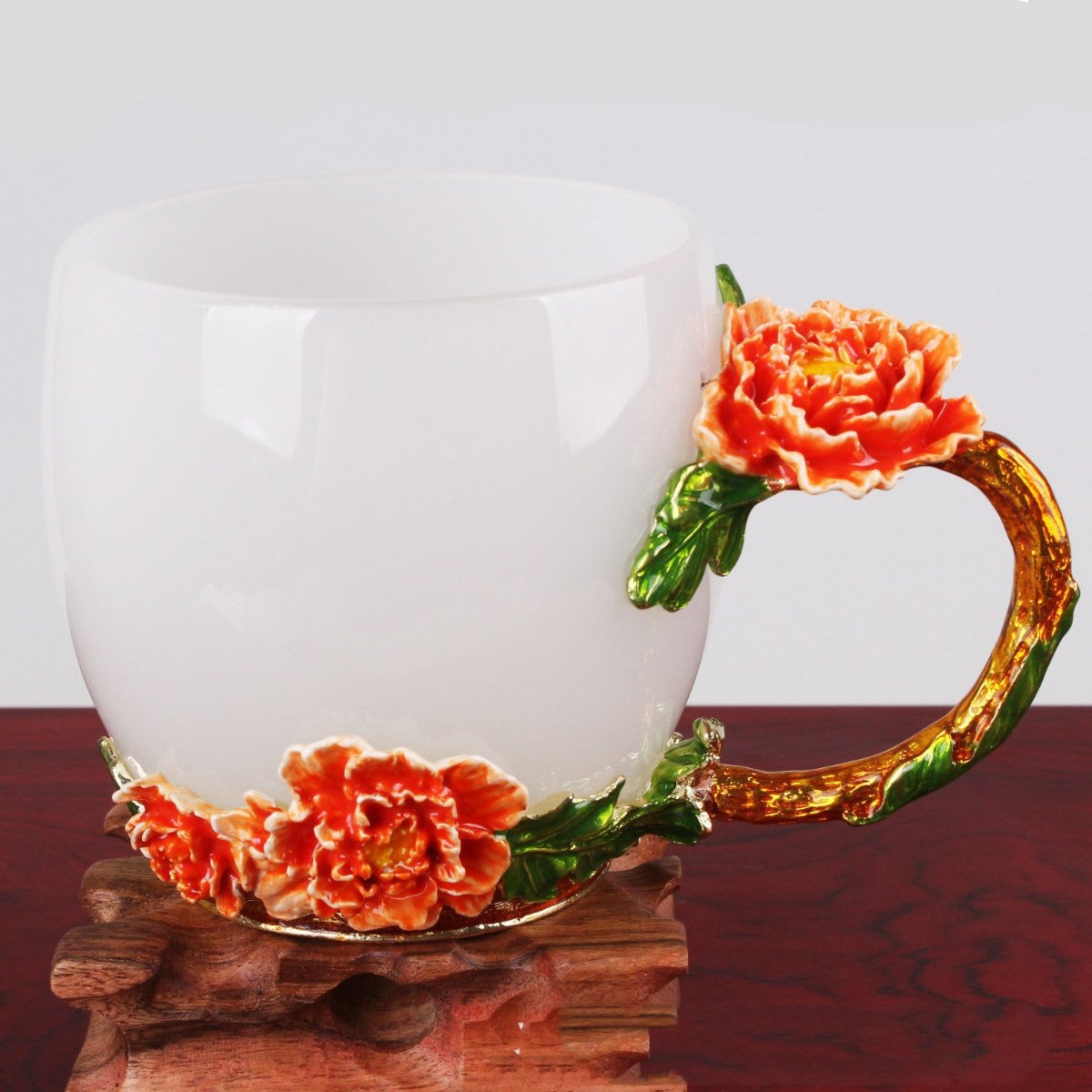 Enamel Colored 3D Peony Flower Jade Porcelain Glass Cup-1