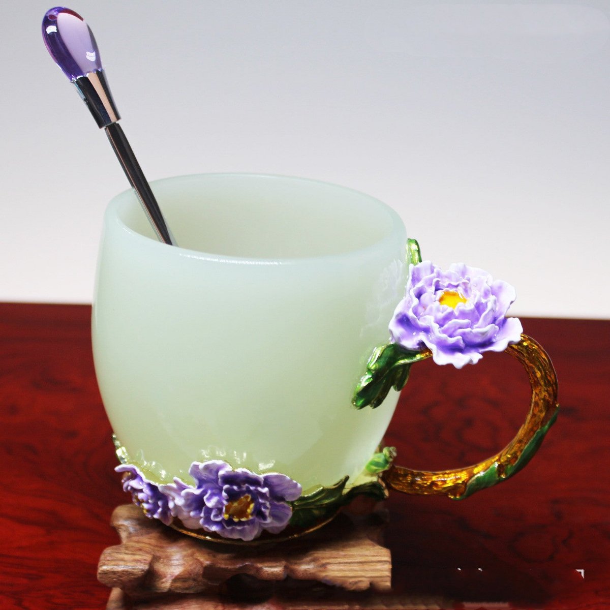 Enamel Colored 3D Peony Flower Jade Porcelain Glass Cup-2