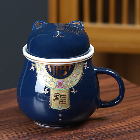 Tea Water Separation Mug Fortune Cat Tea Cup With Lid Coffee Mug-3