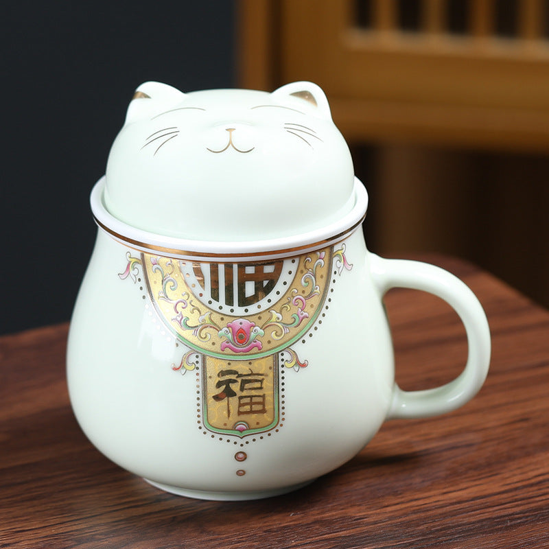 Tea Water Separation Mug Fortune Cat Tea Cup With Lid Coffee Mug-4