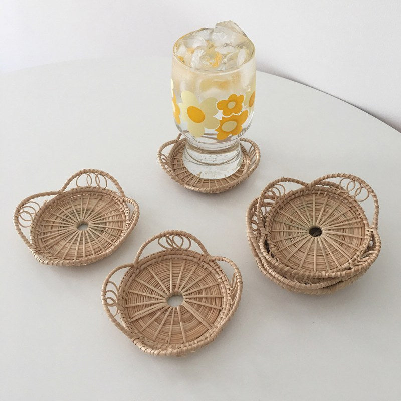 Rattan Woven Coaster Hand-Woven Potholder Bamboo Woven Cup Tea Coaster Photo Tableware