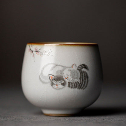 Ru Kiln Cute Cat Ice Crack Ceramic Teacup Master Cup-8