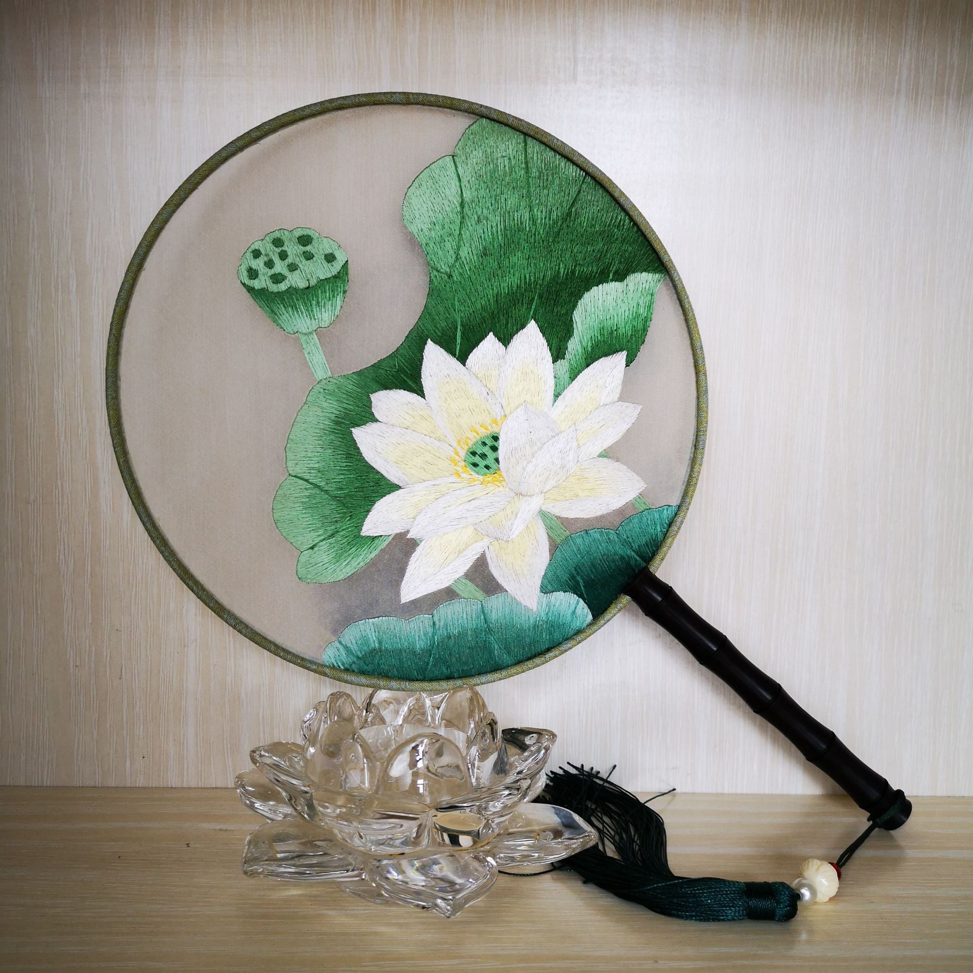 Floral Pattern Silk Double Sided Embroidered Rosewood Round Fan-6