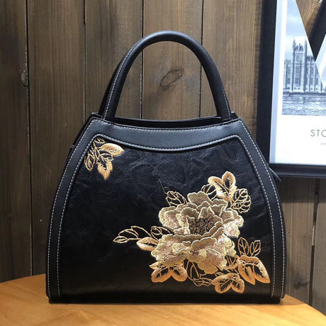 Large Capacity Fortune Flower Leather Embroidery Handbag-1