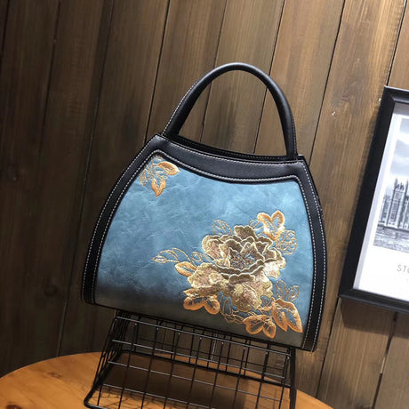 Large Capacity Fortune Flower Leather Embroidery Handbag-8