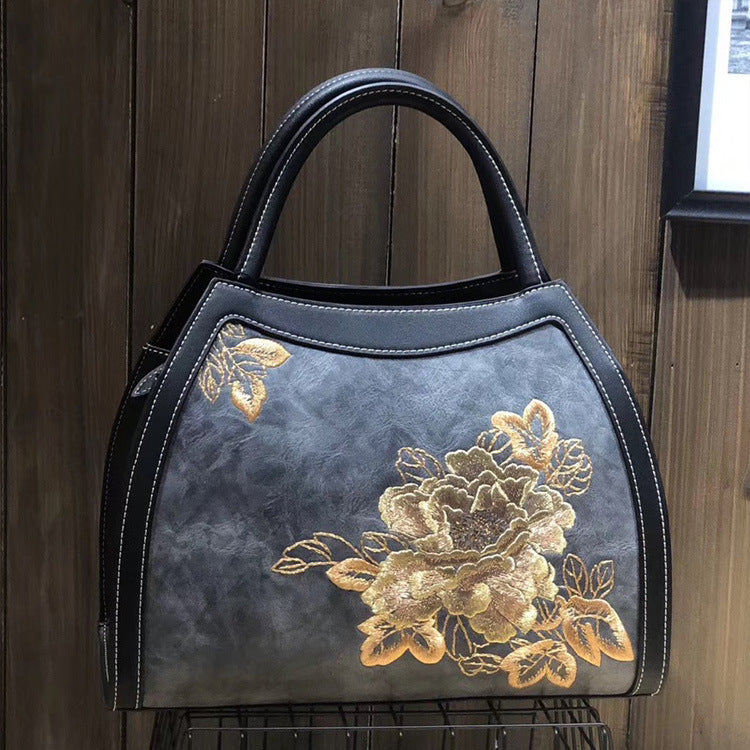 Large Capacity Fortune Flower Leather Embroidery Handbag-6