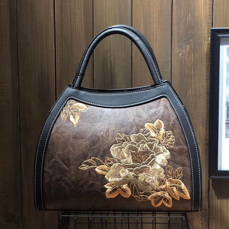 Large Capacity Fortune Flower Leather Embroidery Handbag-5