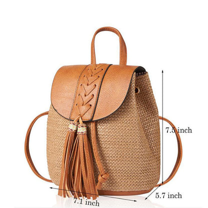 Frühlings- und Sommer -Strohhalm Stroh gewebt Frauen Rucksack Simple Beach Eimer Women's Bag