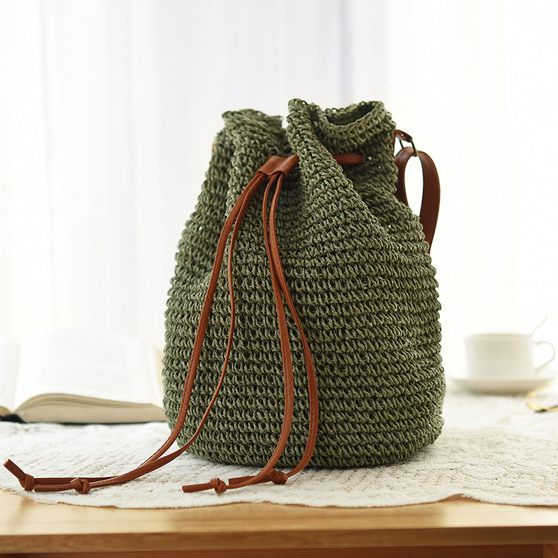 Ethnic Style Drawstring Woven Straw Bag