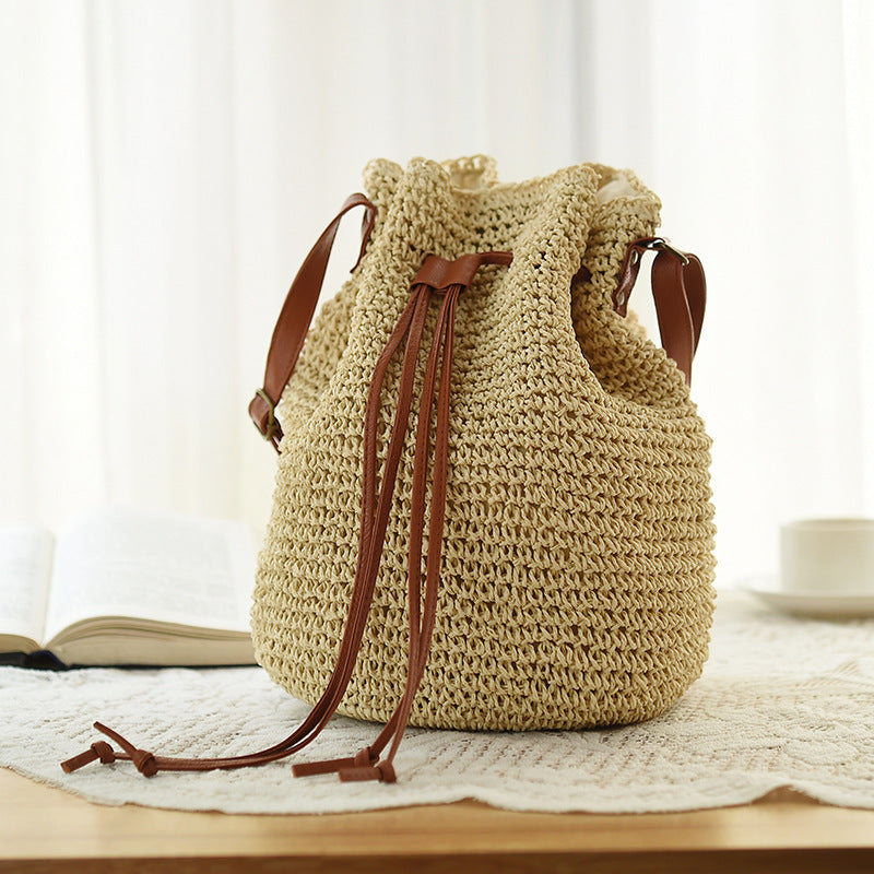 Ethnic Style Drawstring Woven Straw Bag