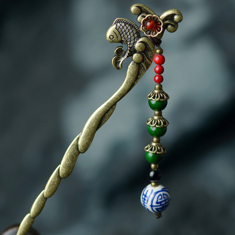 Ethnic Hairpin For Women Bronze Fish Flower Stick Charm