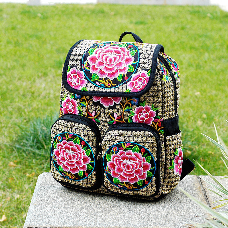 Ethnischer Stil Stickerei Blume Frauen Rucksack Frauen Leinwandtasche