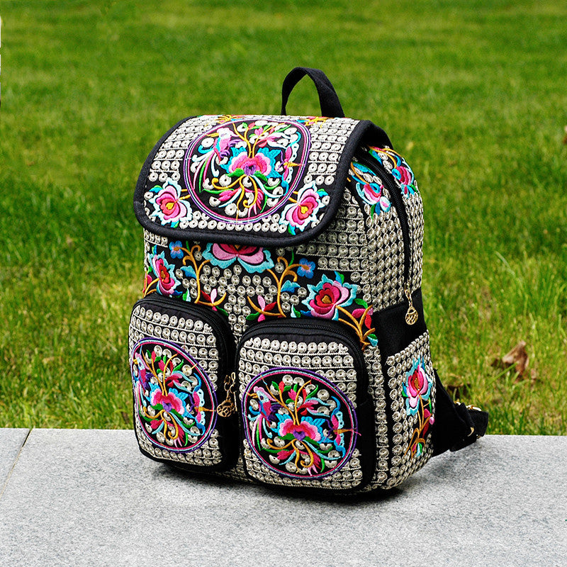 Ethnischer Stil Stickerei Blume Frauen Rucksack Frauen Leinwandtasche