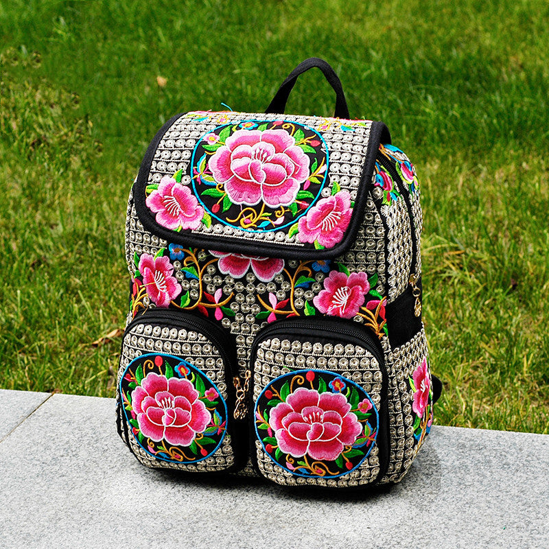 Ethnischer Stil Stickerei Blume Frauen Rucksack Frauen Leinwandtasche