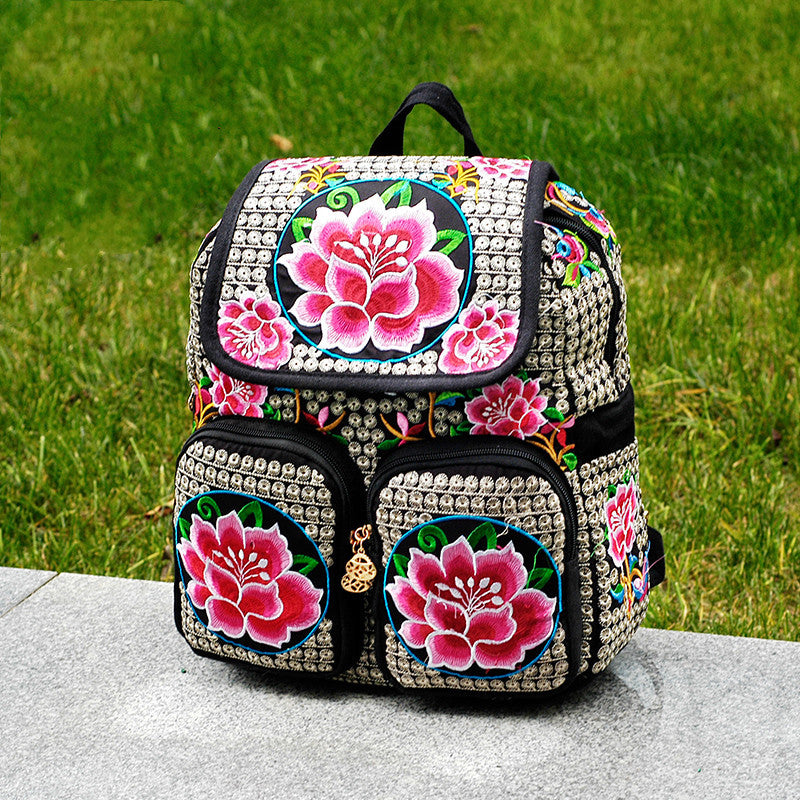 Ethnischer Stil Stickerei Blume Frauen Rucksack Frauen Leinwandtasche