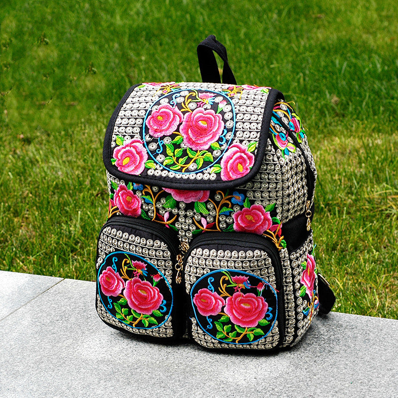 Ethnischer Stil Stickerei Blume Frauen Rucksack Frauen Leinwandtasche